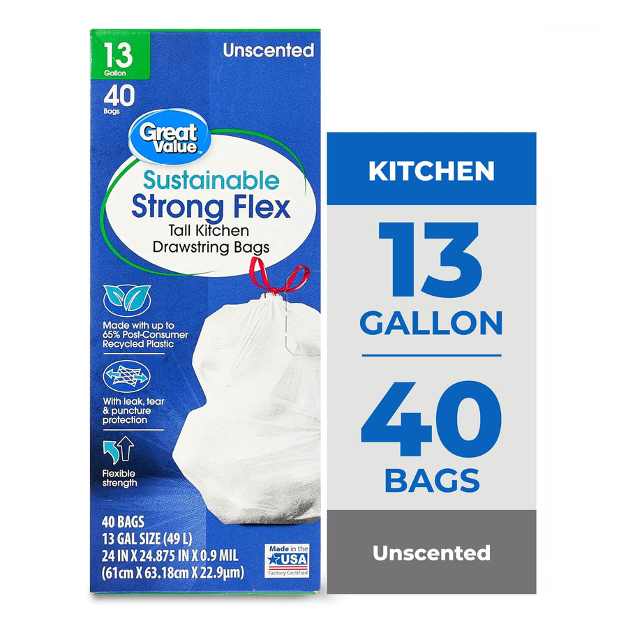 Front of Great Value Sustainable Strong Flex tall kitchen drawstring trash bag box with blue packaging