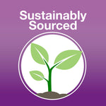 Purple badge graphic with a stylized green sprout and text "Sustainably Sourced"