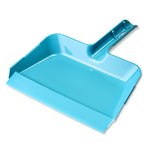 Teal plastic dustpan photographed on white background showing serrated edge and integrated handle feature