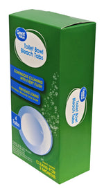 Angled view of a green Great Value Toilet Bowl Bleach Tabs box showing side panel, front graphics and bubble design