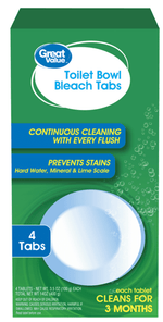 Front-facing green Great Value box labeled “Toilet Bowl Bleach Tabs” with product claims and round white tablet graphic