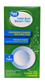 Studio product shot of a green Great Value Toilet Bowl Bleach Tabs box showing branding, benefits text and circular tablet illustration