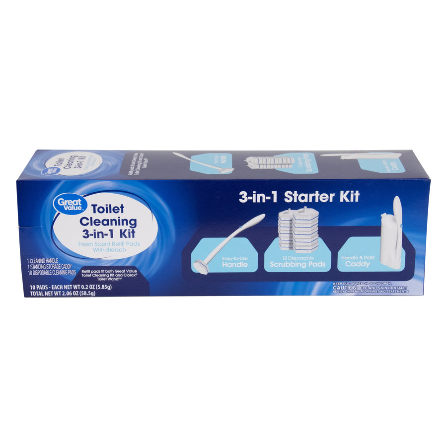 Great Value branded box for Toilet Cleaning 3-in-1 Starter Kit showing product icons and package