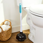 Great Value toilet plunger with white and aqua handle positioned next to a toilet in a bathroom scene