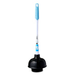 Great Value toilet plunger with white and aqua ergonomic handle and black rubber cup on white background