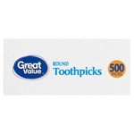 Horizontal Great Value toothpicks branding strip with logo, ROUND Toothpicks text and 500 picks badge