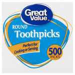 Crop of Great Value round toothpicks packaging label with blue shield design and 500 picks callout