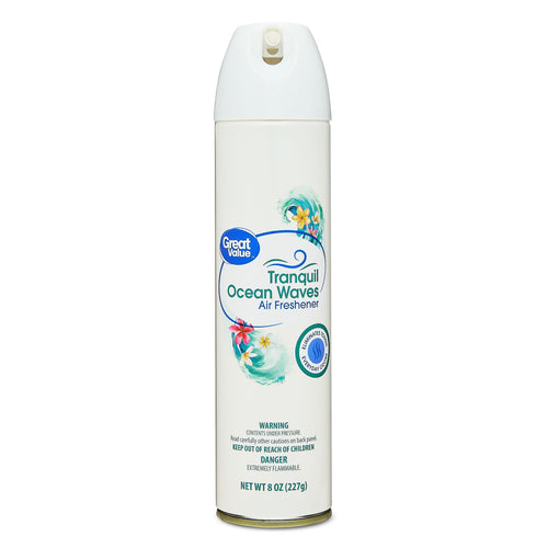 Great Value Tranquil Ocean Waves aerosol air freshener can with white cap and floral wave label, front view