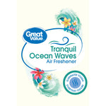 Graphic label artwork for Great Value Tranquil Ocean Waves air freshener showing logo, wave illustration and eliminate-odors badge