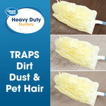 Promotional layout with Great Value logo and three images of a pale yellow duster trapping dirt, dust, and pet hair