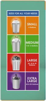 Back panel of Great Value trash bag box with barcode, warnings and a tied white bag illustration