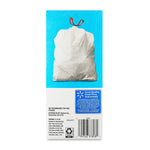 Back panel of Great Value trash bag box showing a white tied trash bag illustration against a blue background and brand seal at bottom.