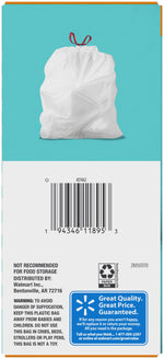 Back panel of Great Value trash bag box showing tied white bag above barcode and product warnings