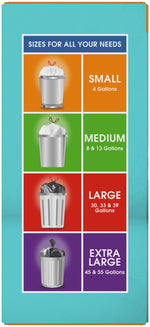 Informational side panel showing size chart for small, medium, large, and extra large trash bags
