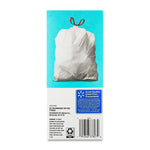 Back of Great Value trash bag package showing a photo of a tied white bag and a blue guarantee panel with barcode