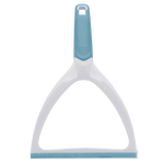 White plastic triangular-frame shower squeegee with light-blue rubber blade and matching handle top.