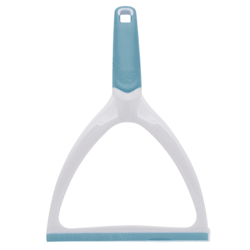 White plastic triangular-frame shower squeegee with light-blue rubber blade and matching handle top.
