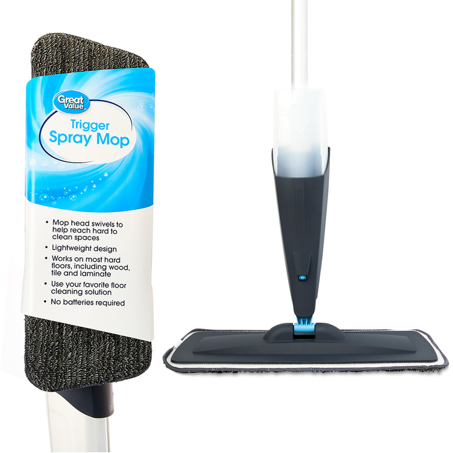 Close-up product shot of a Great Value trigger spray mop head and refillable tank