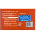 Back of an orange Great Value Tumble dryer sheets box showing product description, ingredients, guarantee badge and barcode.