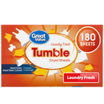 Bright orange box of Great Value Tumble dryer sheets with central logo, clothes illustrations and '180 SHEETS' badge.