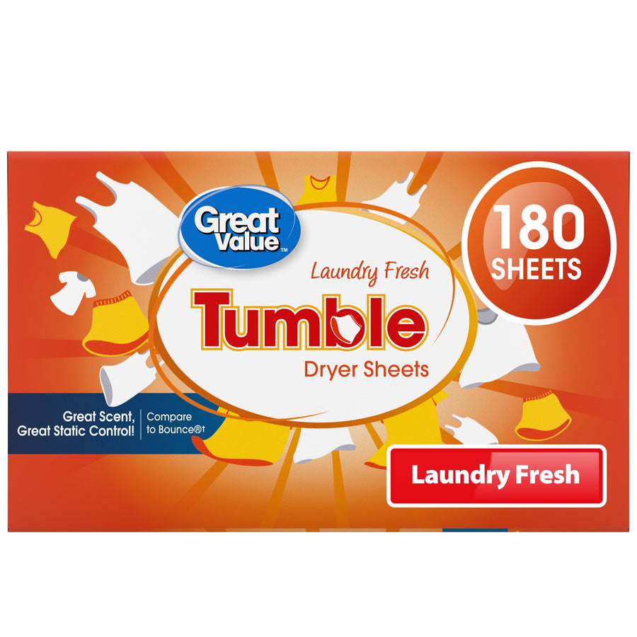 Bright orange box of Great Value Tumble dryer sheets with central logo, clothes illustrations and '180 SHEETS' badge.