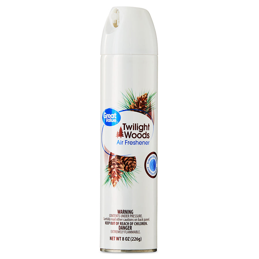 Tall white aerosol can of Great Value Twilight Woods air freshener with pinecone graphic and nozzle cap