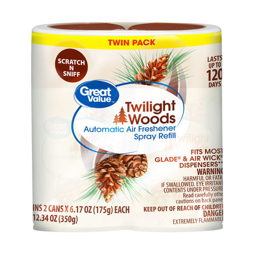 Twin pack Great Value Twilight Woods automatic air freshener spray refills with pinecone label on white background