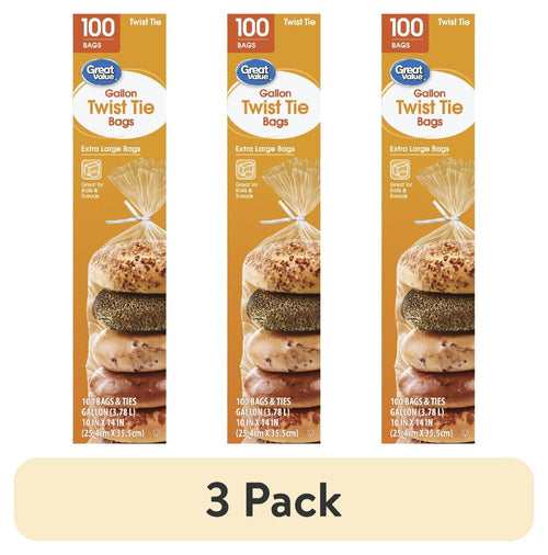 Three vertical Great Value gallon twist tie bag boxes with bagel image and '3 Pack' banner beneath