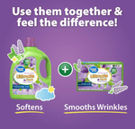 great value ultimate fresh blooming lavender fabric softener and dryer sheets shown together on a purple background with a plus sign and headline use them together