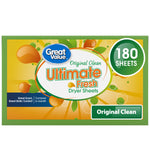 Front-facing close-up of a Great Value Ultimate Fresh Original Clean dryer sheets box with 180 sheets badge