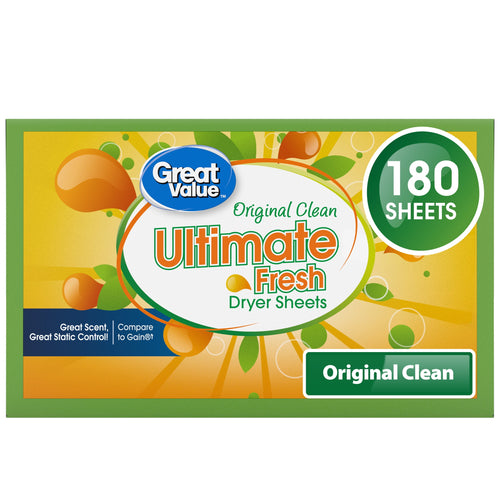 Front-facing close-up of a Great Value Ultimate Fresh Original Clean dryer sheets box with 180 sheets badge