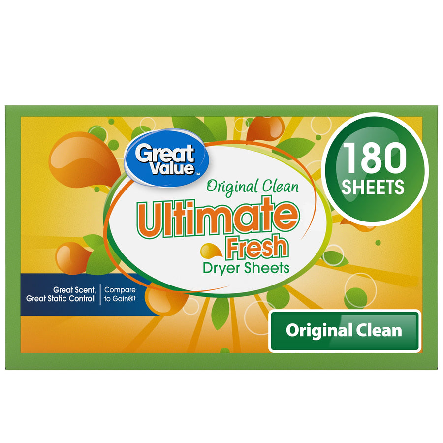Front-facing close-up of a Great Value Ultimate Fresh Original Clean dryer sheets box with 180 sheets badge