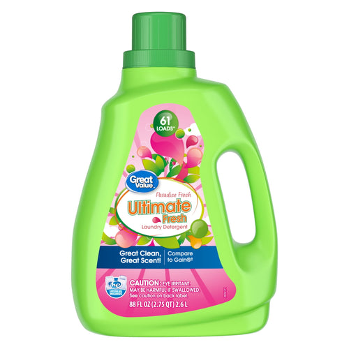 Bright green Great Value Ultimate Fresh laundry detergent bottle with pink label and handle, front view showing logo and cup cap