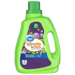 Bright green Great Value Ultimate Fresh laundry detergent bottle with purple label and handle