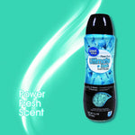 Single Great Value Ultimate Fresh scent booster bottle on teal graphic background with swirling white streak and product text