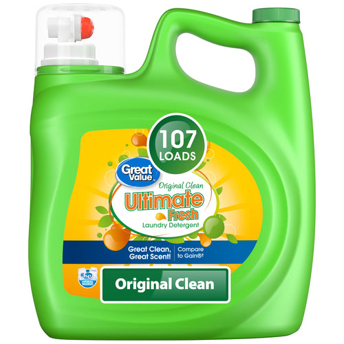 Green Great Value Ultimate Fresh Original Clean laundry detergent jug with front label showing 107 loads badge