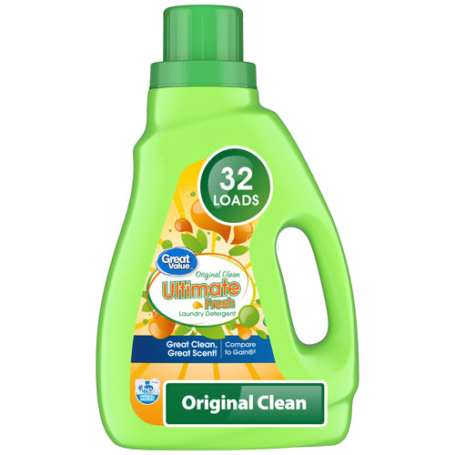 Bright green Great Value Ultimate Fresh laundry detergent bottle labeled Original Clean with 32 loads badge on white background.