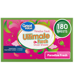 Bright pink Great Value Ultimate Fresh Paradise Fresh dryer sheets box with 180 sheets badge and colorful accents