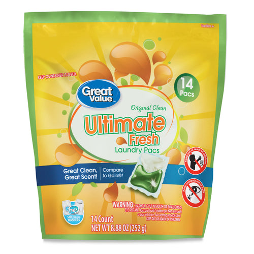 Great Value Ultimate Fresh laundry pacs pouch with green and yellow design and visible 14 pacs label