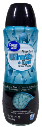 Tall Great Value Ultimate Fresh Power Fresh scent booster bottle with teal label and black cap showing pellets through window