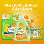Promotional graphic showing Great Value Ultimate Fresh laundry detergent, fabric softener, and dryer sheets together on an orange background