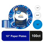 Stacked Great Value Ultra patterned 10" paper plates with blue circular design and package label showing brand and product name