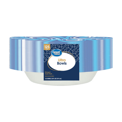 Stacked Great Value Ultra bowls wrapped with label, showing blue circular rim design and product badge on front