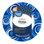 Great Value Ultra 10" paper plate with bold blue concentric-circle border and product label reading 'Ultra Plates'
