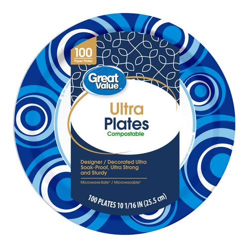 Great Value Ultra 10" paper plate with bold blue concentric-circle border and product label reading 'Ultra Plates'