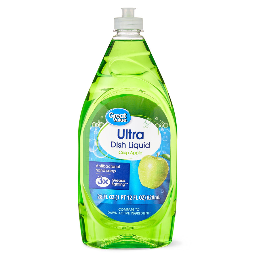 Clear plastic bottle of Great Value Ultra dish liquid with green crisp apple liquid and front label