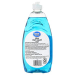 Rear view of a clear Great Value Ultra Dish Liquid bottle showing the back label, barcode and product information