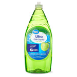 Front-facing clear green bottle of Great Value Ultra Dish Liquid Crisp Apple on white