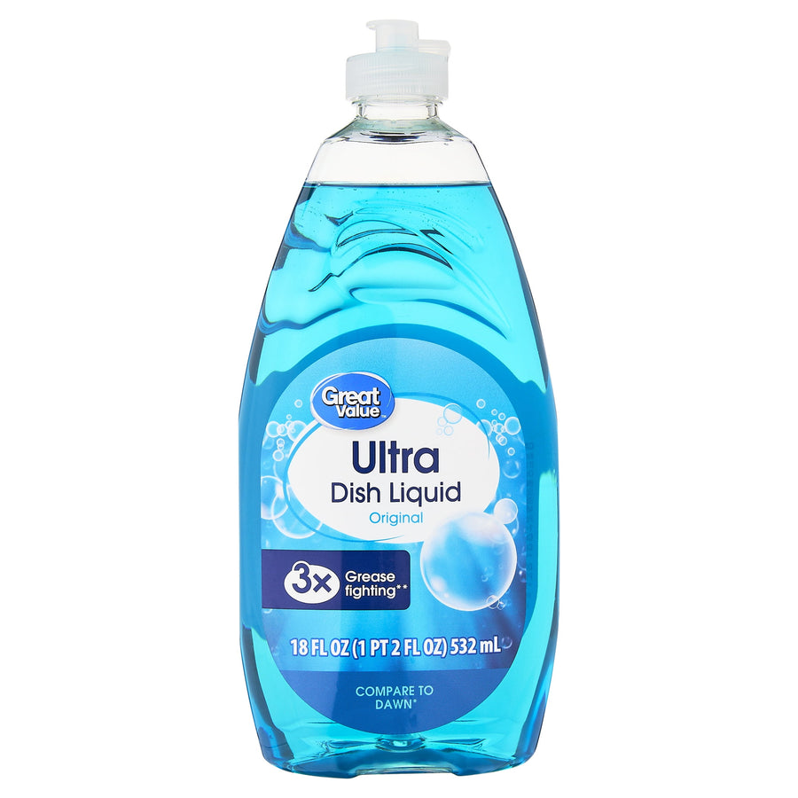 Clear-front photo of a Great Value Ultra Dish Liquid bottle with blue detergent visible and product label