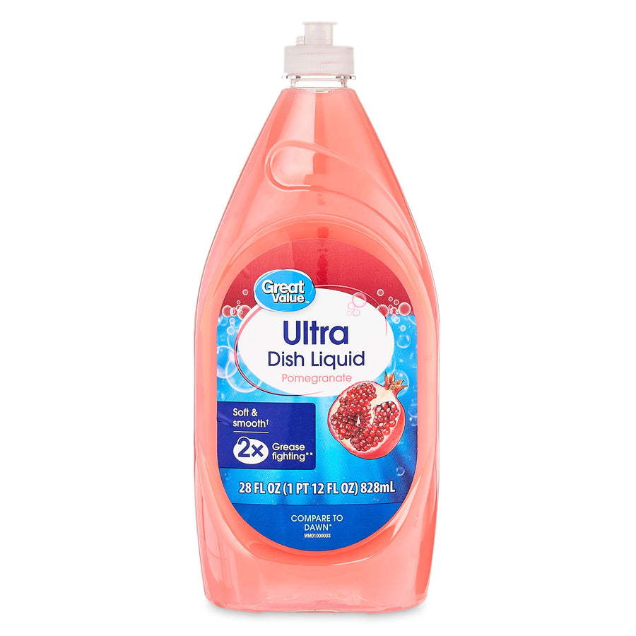 Clear bottle of Great Value Ultra Dish Liquid in pink pomegranate formula with front label